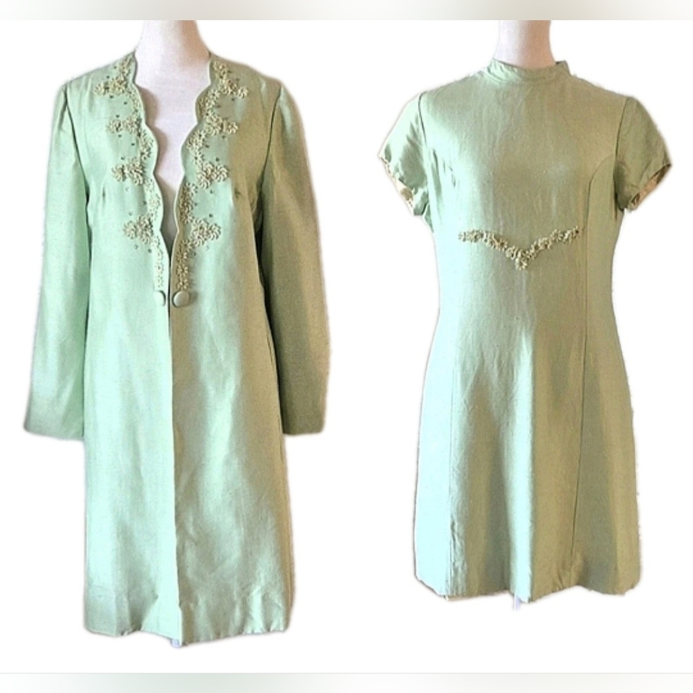 VTG Pale Green Raw Silk 2 Piece Matching Set, Dress + Coat, Flower, Party, 4/S